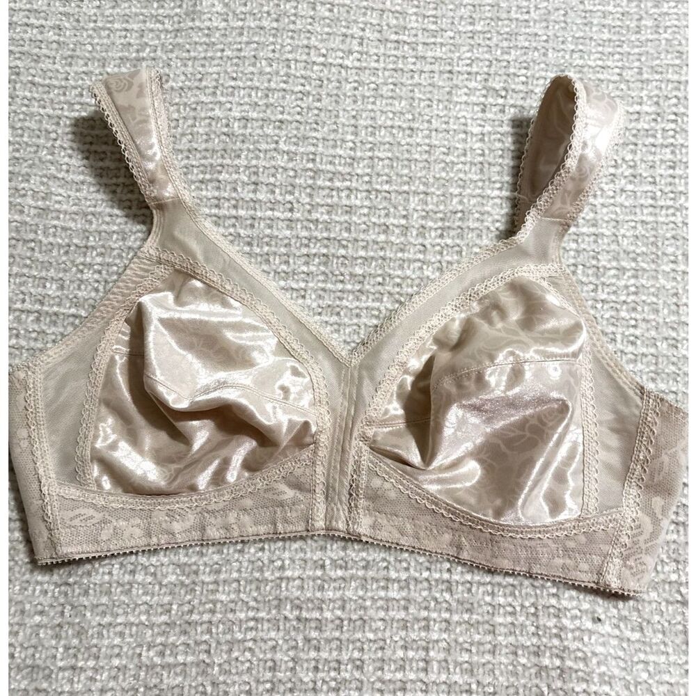 Vintage Satin Bullet Bra Size 38 Beige Nude Pin Up Retro Lingerie Wire Free